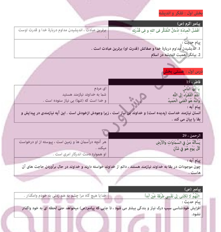 جزوه آیات و روایات دینی یازدهم و دوازدهم